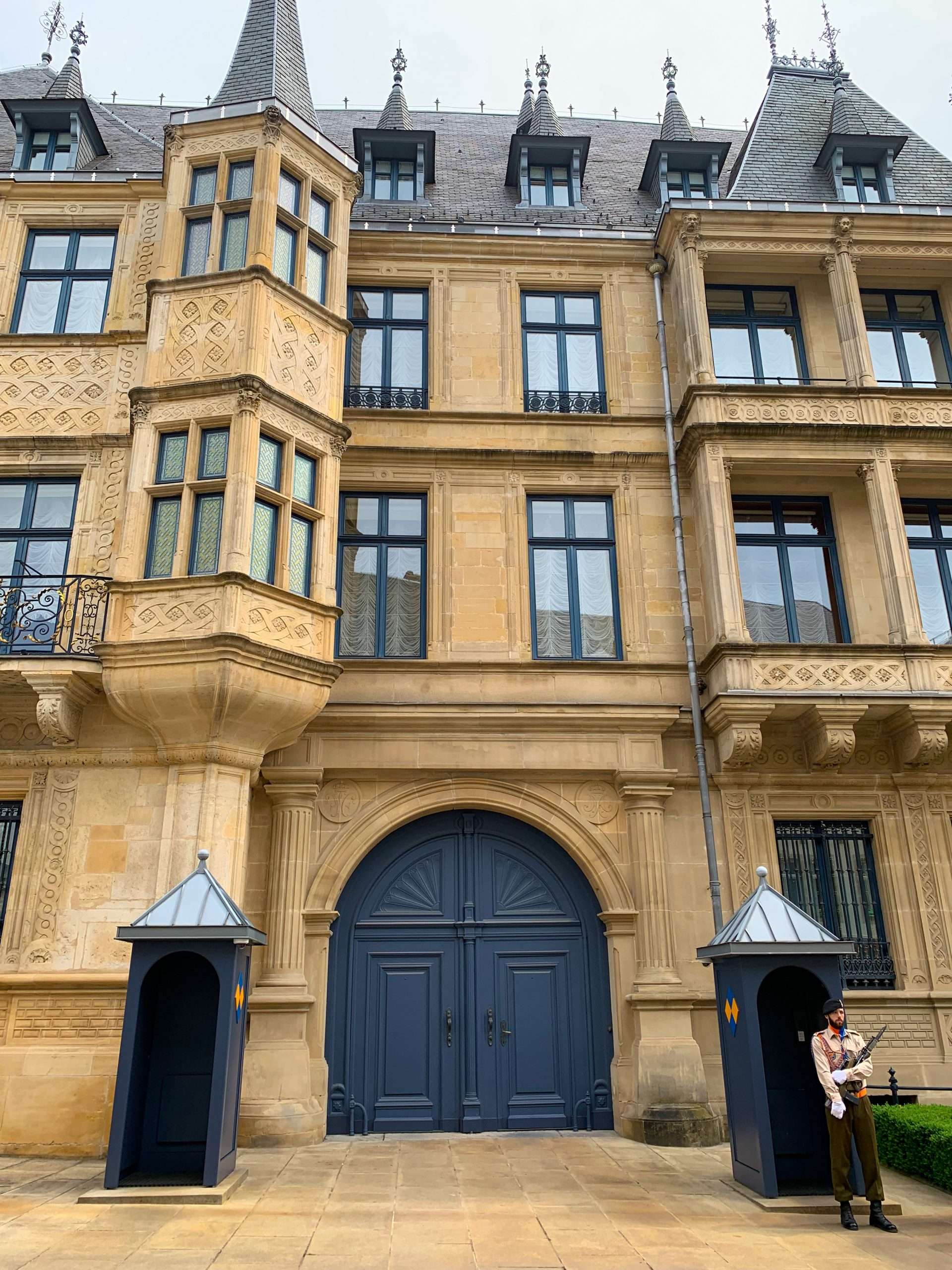 A soldier on duty can be seen in this image of the Ducal Palace in Luxembourg