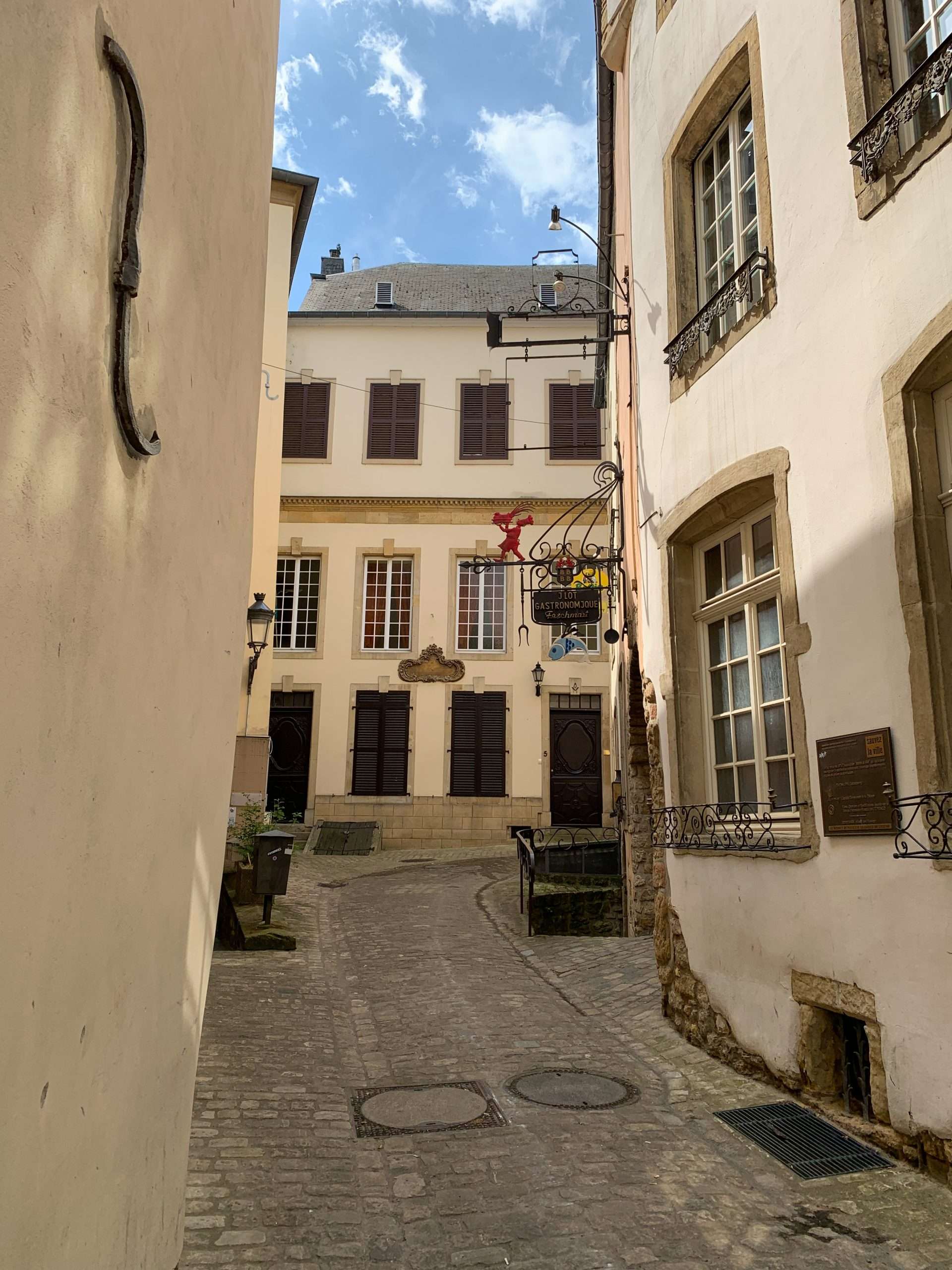 Street in Luxembourg's medieval old town as seen during one day in Luxembourg
