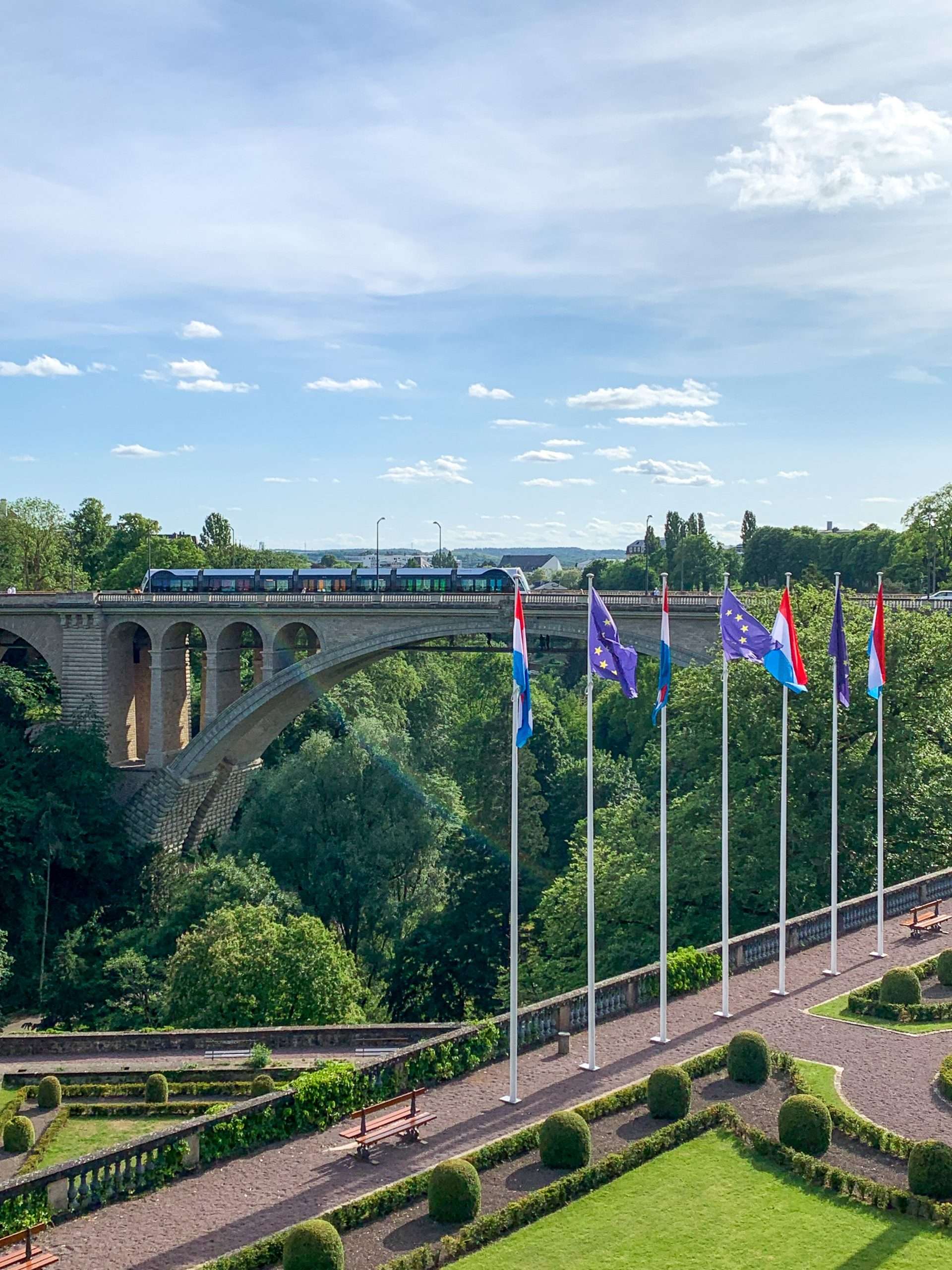 View of Tram and Adolphe Bridge in Luxembourg city 