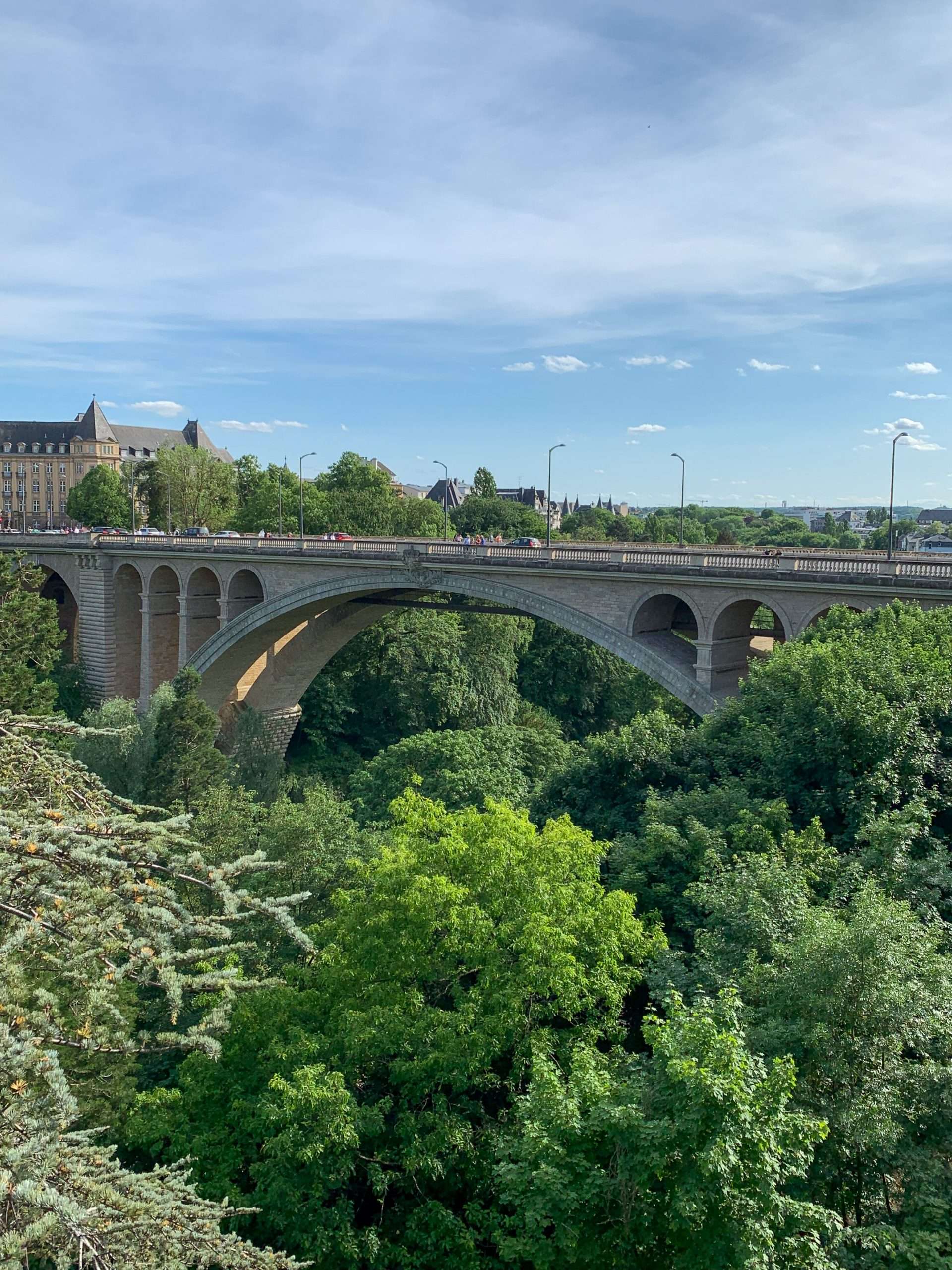 A view looking toward the Adolphe Bridge in Luxembourg. Many trees and bushes are visible in the foreground and in the distance can be seen a building in the old town of Luxembourg city. 