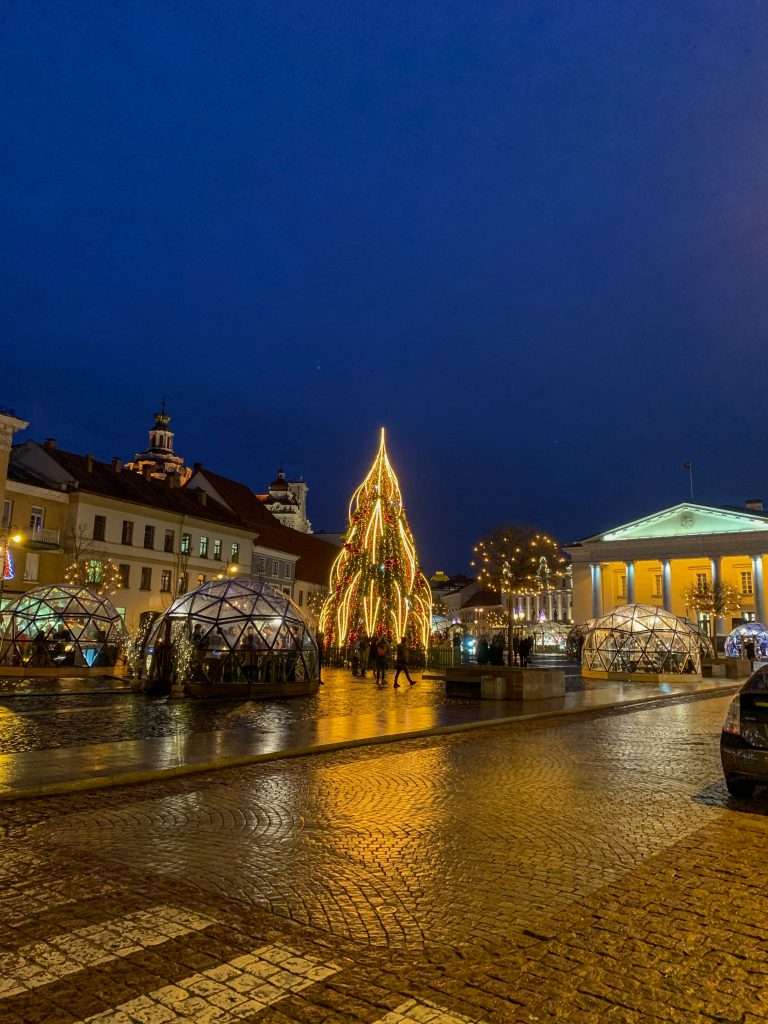 Image shows Town Hall Square in Vilnius with the 2019 Christmas tree and Christmas market