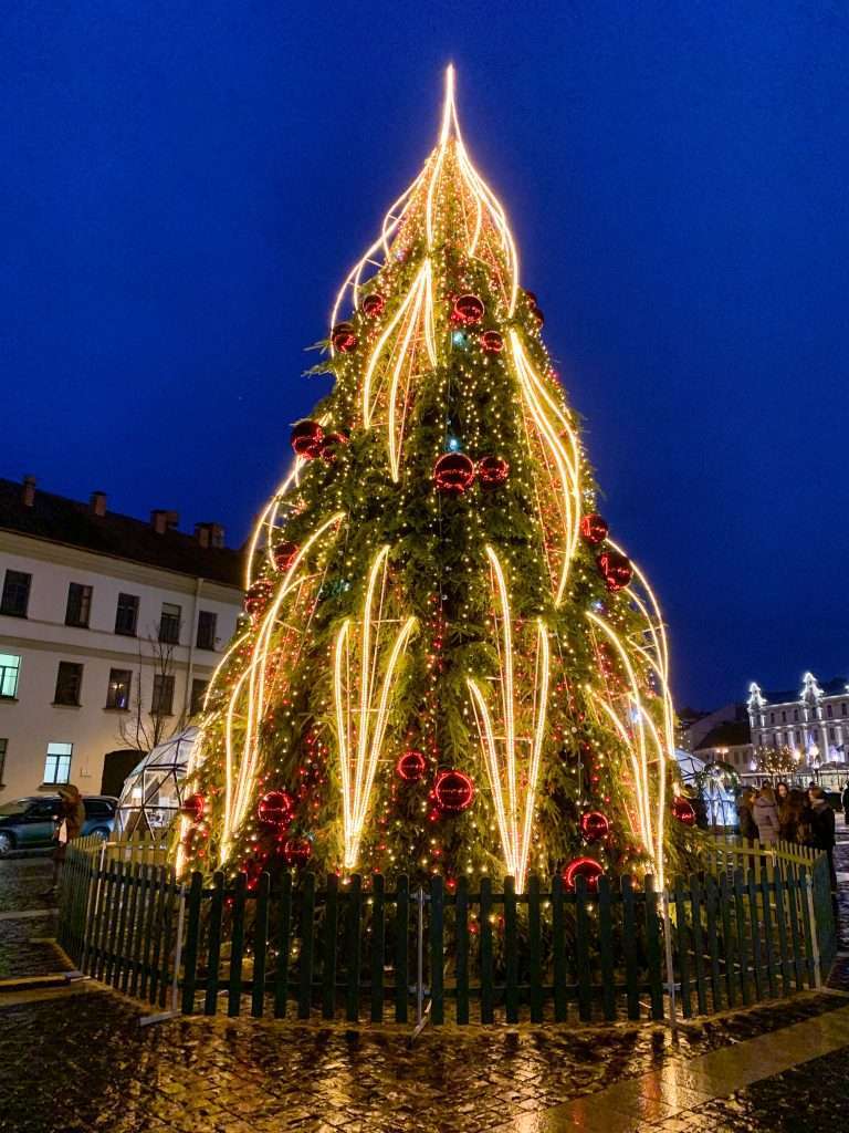Image shows the Christmas tree located in Town Hall Square in Vilnius in December 2019