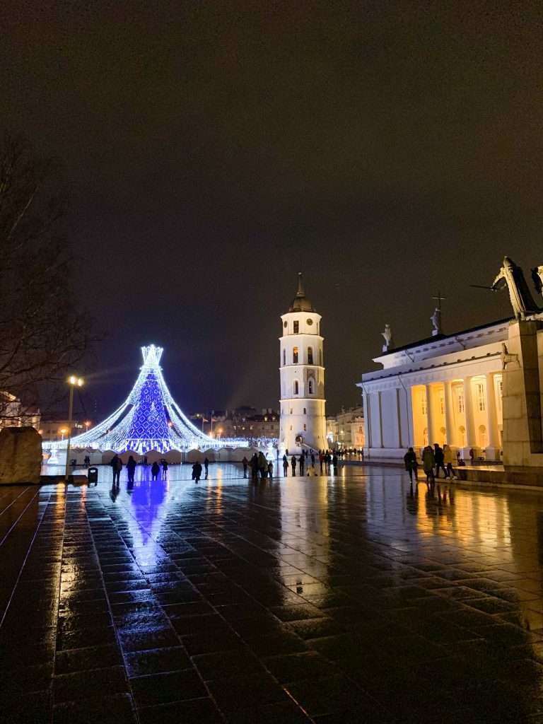 Image shows Vilnius Cathedral Square, Bell Tower and Christmas Tree, all seen on a visit to Vilnius in December