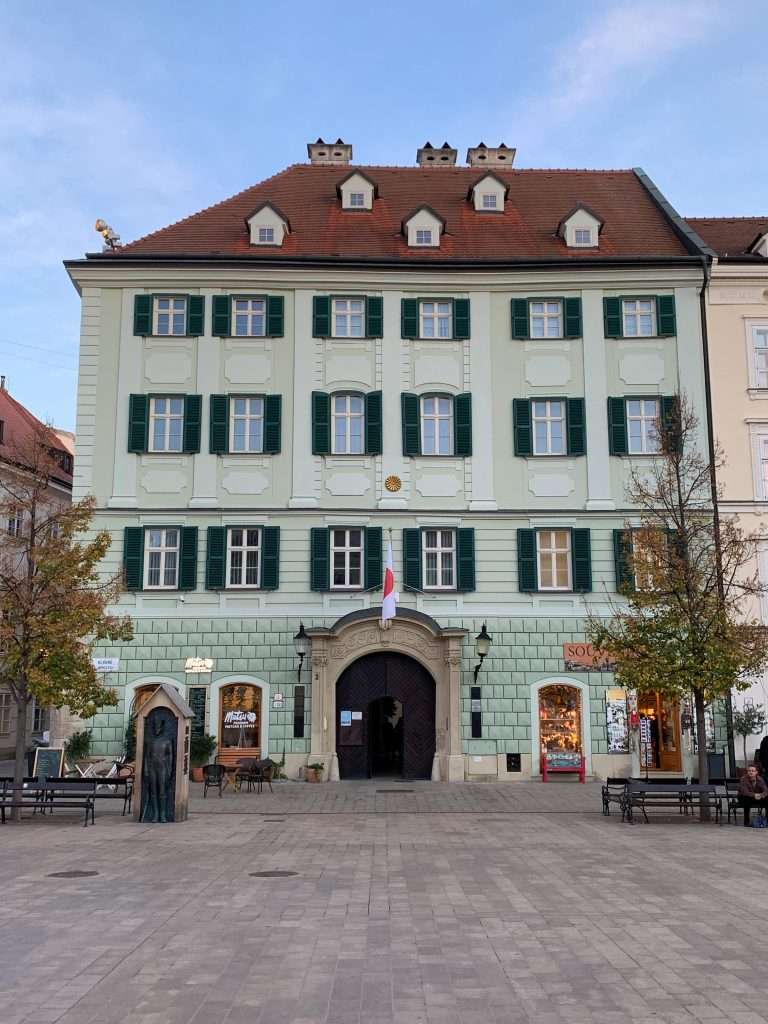Image shows a building located on the Main Square in central Bratislava