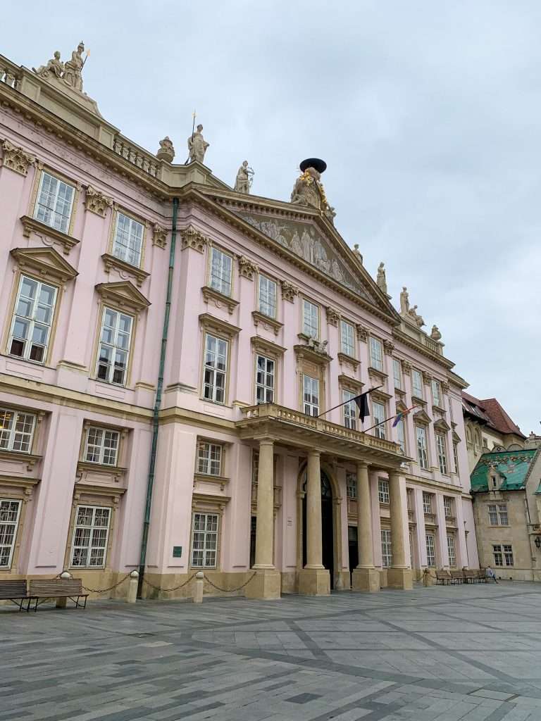 An external view of the pink coloured Primates Palace in Bratislava.