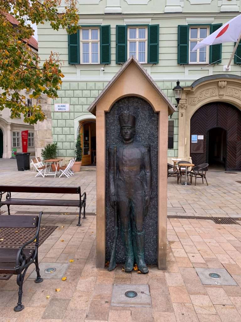 Image shows one of the statues erected in Bratislava and for which the city is famous. There are quite a few in the city so tracking them down is a great activity for those visiting Bratislava!
