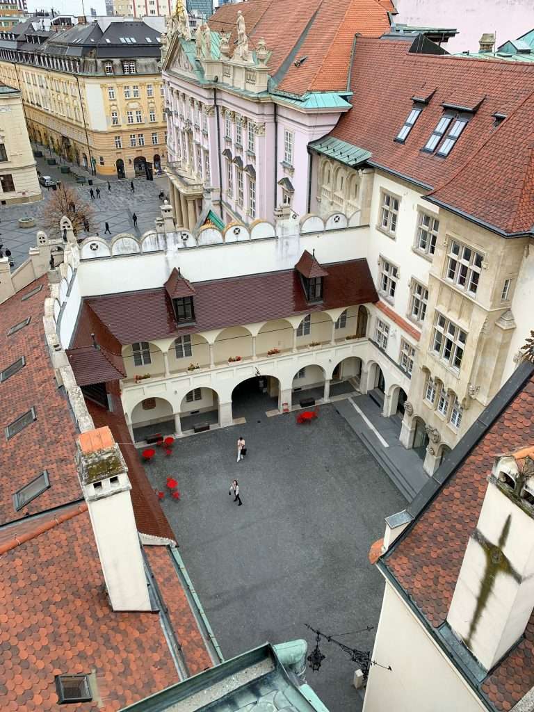 A view over the surrounding building of the old town in Bratislava from the Tower forming part of the Town Hall.