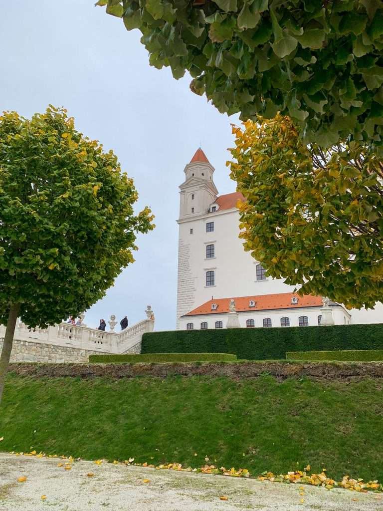 Image shows an external view of Bratislava Castle. The image was taken from the gardens within the castle.