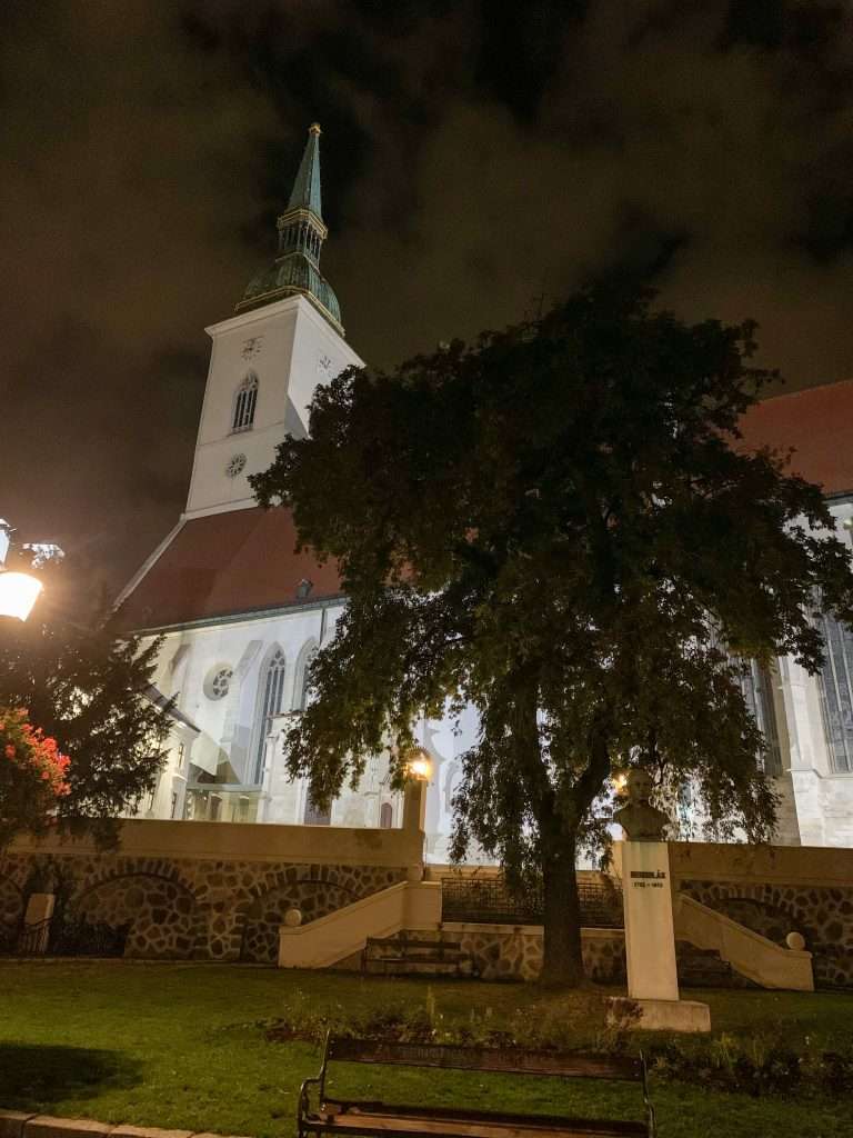 Image shows St Martins Cathedral in Bratislava at night