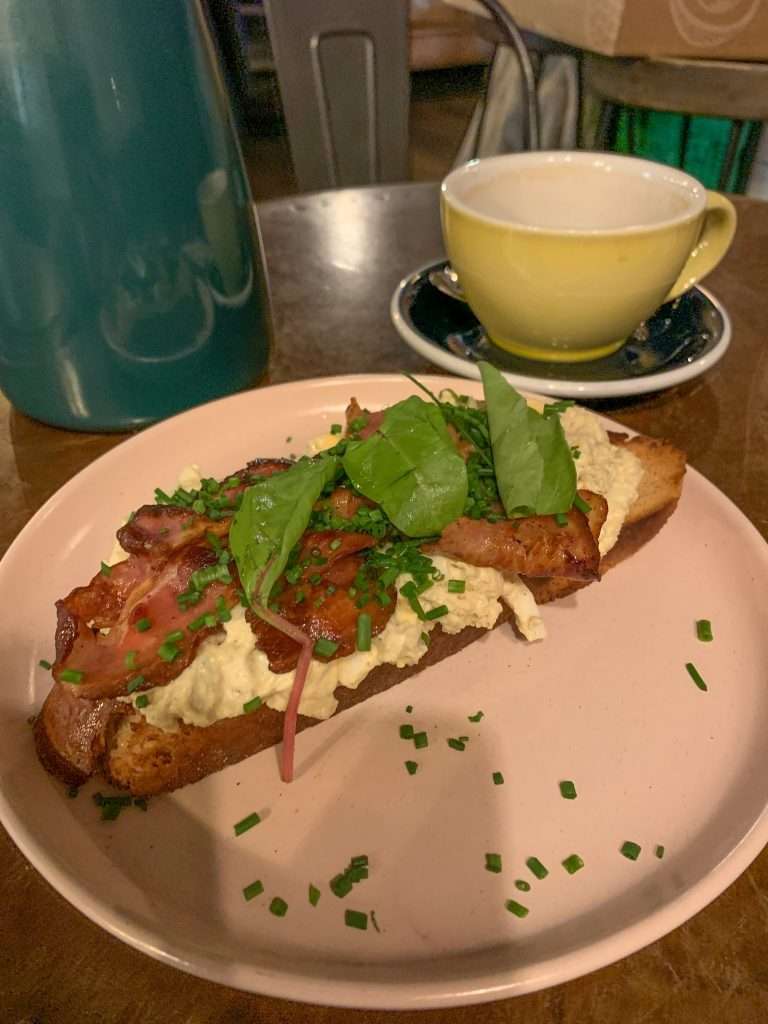 Image shows toasted bread with egg and bacon consumed during a 3 day visit to Bratislava