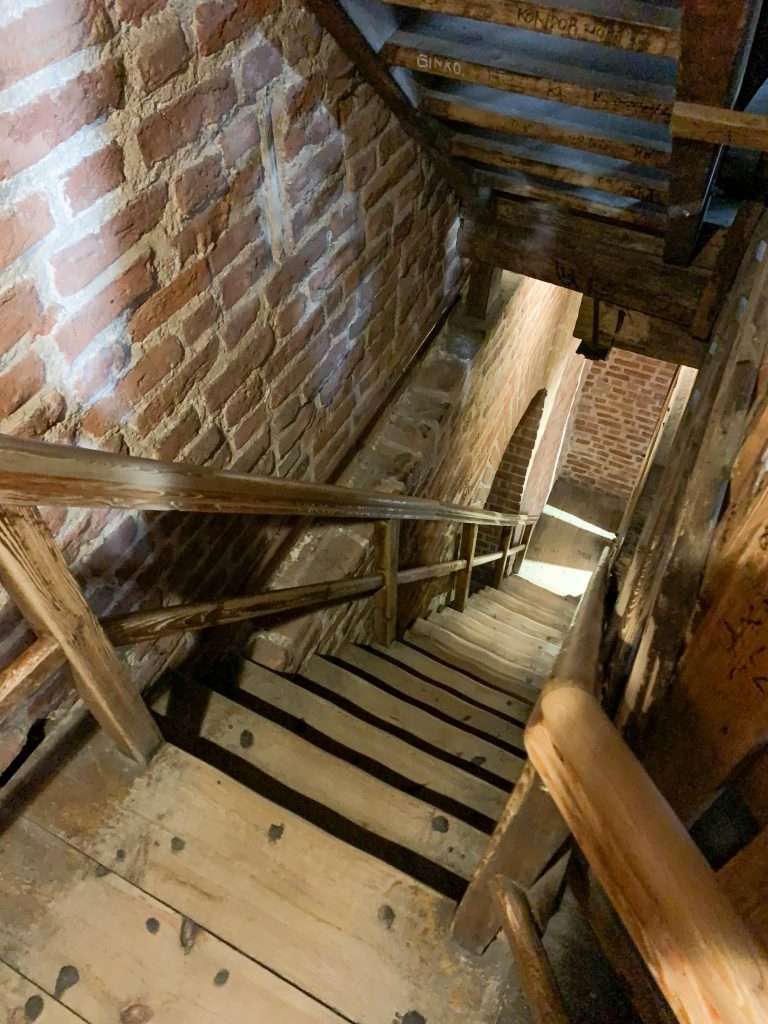 Image shows the stairs down for those who climb the Sigmund Tower at Wawel Cathedral Krakow
