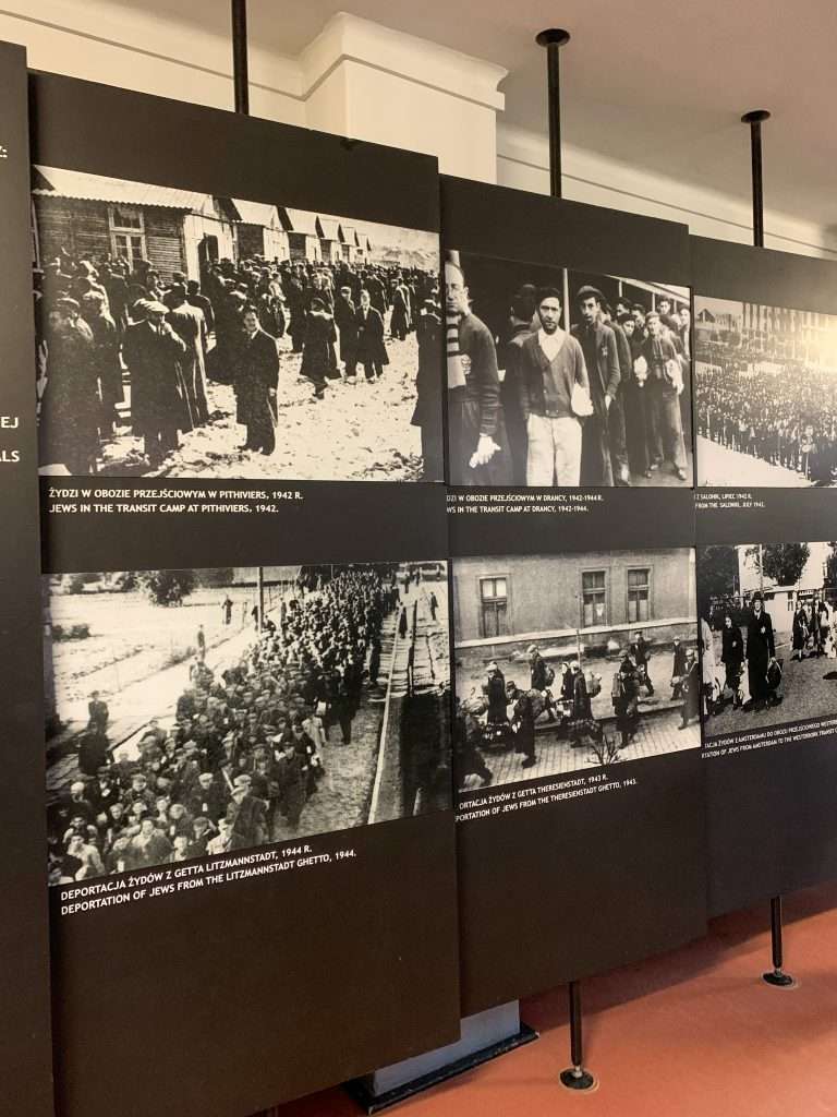 Image shows photo exhibits on display at Auschwitz