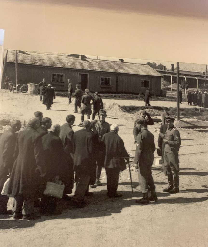 Image shows a photo exhibit depicting the selection process at Auschwitz II
