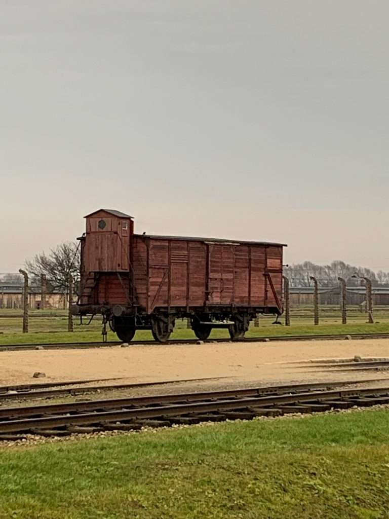 Image shows a freight car standing on the selection platform at Auschwitz II
