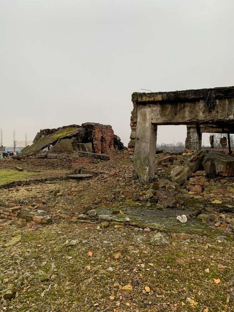Image shows the ruins of the crematoria at Auschwitz II