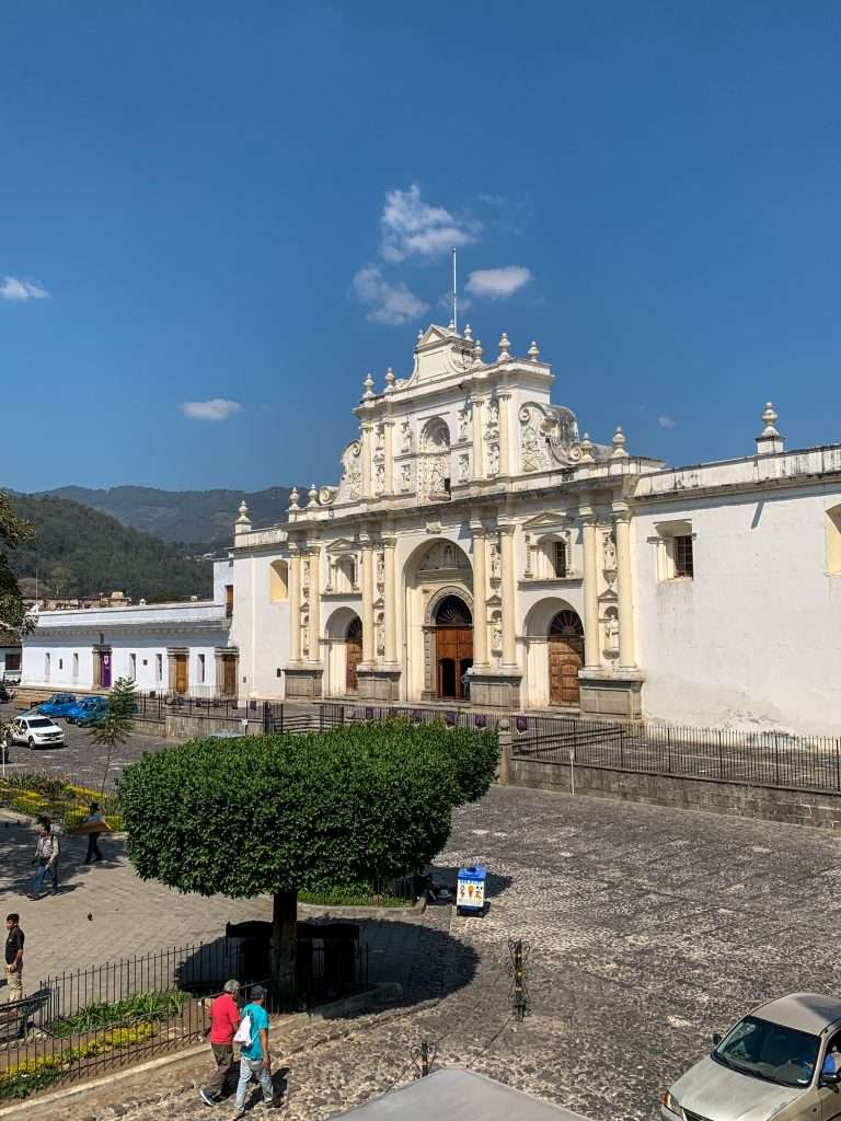 Image shows the Church of San Jose which stands one one side of Parque Central in Antigua Guatemala.
