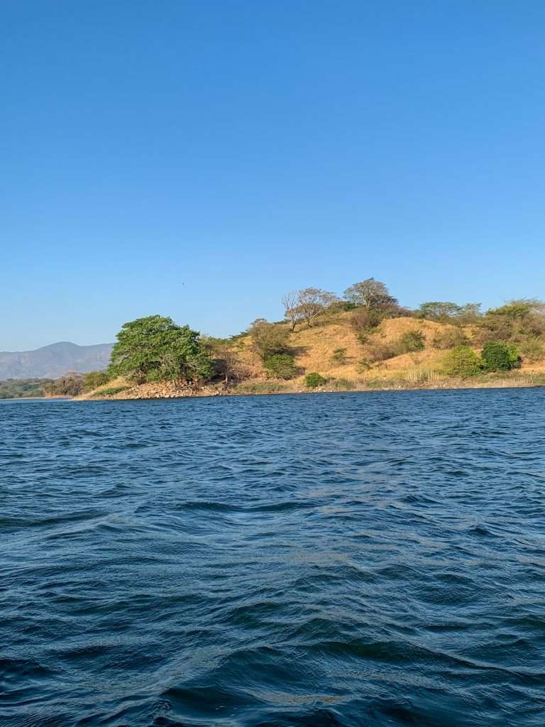 Lake Suchitlán with a small mid-lake island covered in green and brown trees visible in the image. Taking a trip on the lake is one of the things to do in Suchitoto.
