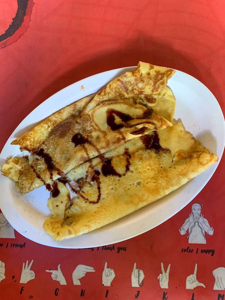 Some of the great food at the Cafe of Smiles in Granada Nicaragua, in this case pancakes with a chocolate sauce!