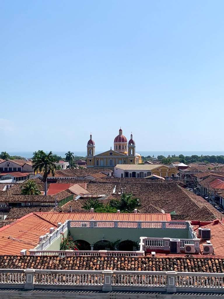 Image shows a great view over the city of Granada and of the Cathedral from La Merced church in Granada Nicaragua