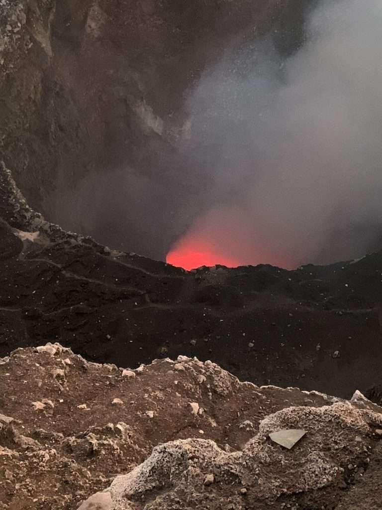 A view of the lava lake within the Masaya Volcano captured during a sunset trip to Masaya National Park in Nicaragua