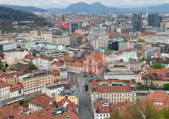 A view over the old town of Ljubljana with the centre square visible.
