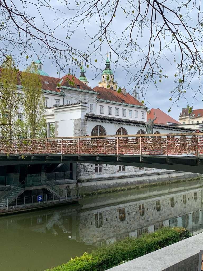 Image shows the Butchers Bridge with love padlocks in Ljubljana
