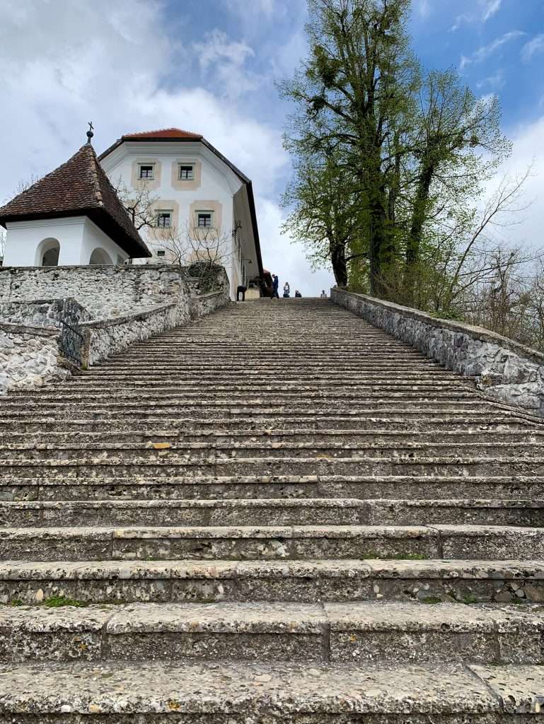 The 99 steps up to the Church on Bled Island await you as you disembark from the Pletna. You need to climb these stone steps when you visit Bled Island to get up to the church on the island.