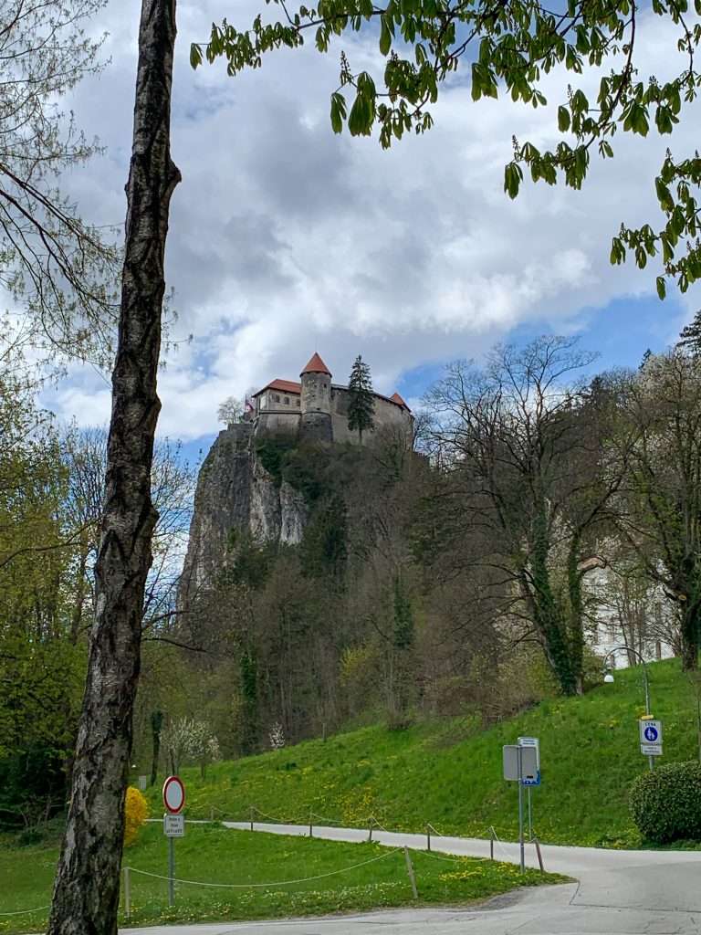Bled Castle is pictured high up on a hill overlooking Lake Bled. The image was taken from near the lake shore so looks up toward the castle. Visiting the castle is a must see when you spend at day at Lake Bled
