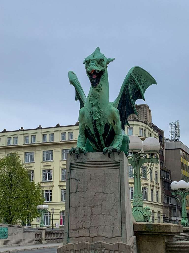 Image shows one of the Dragons on the Dragon Bridge in Ljubljana 