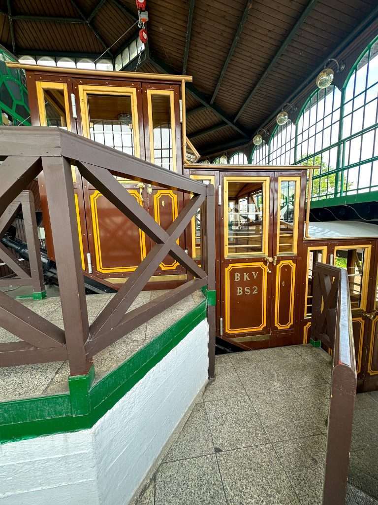 Close up view of the wooden funicular carriages in Budapest.