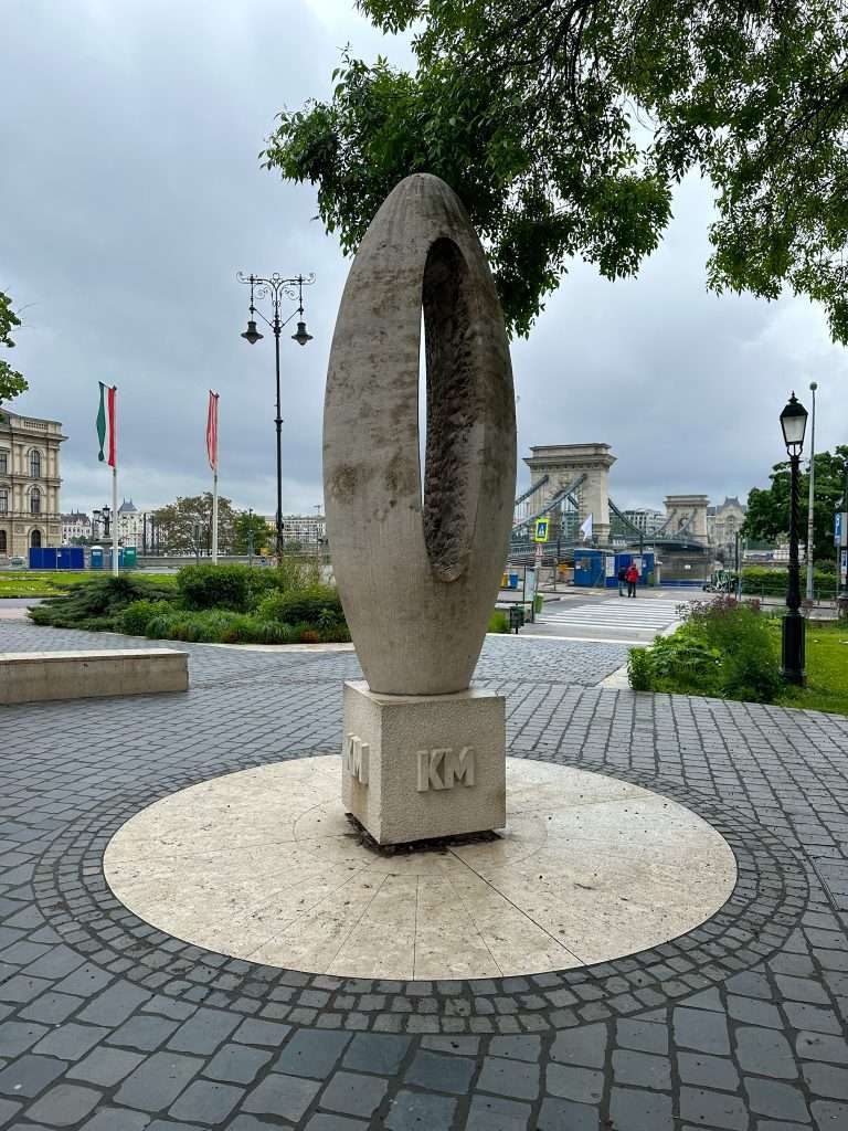 The concrete, pale coloured statue representing kilometre zero in Budapest.