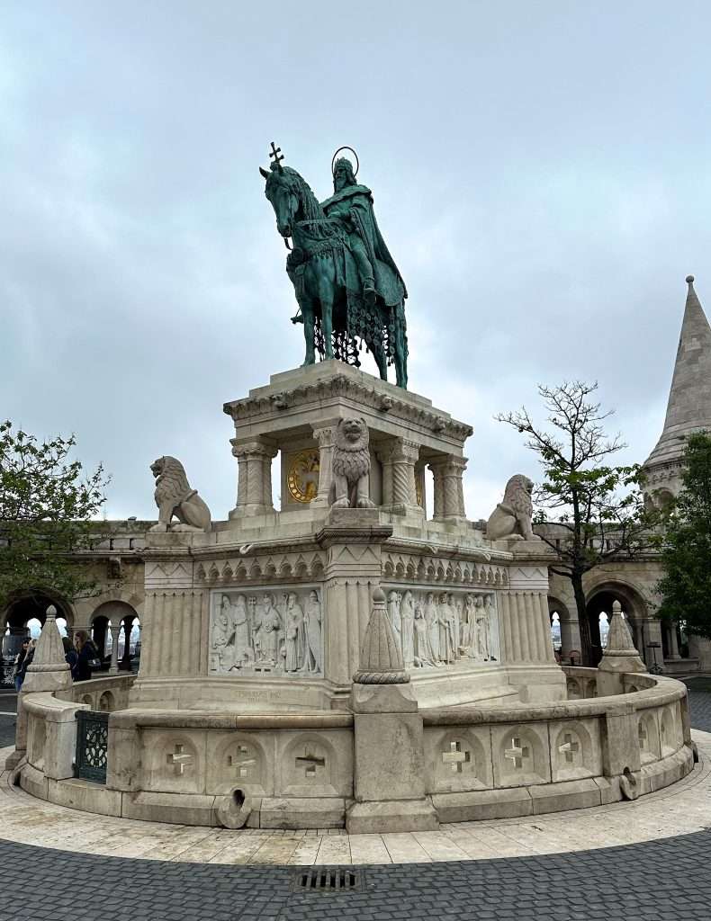 A towering statue of Hungary's first King, Stephen. The statute is located at Fisherman's Bastion, a wonderful attraction in Budapest. 