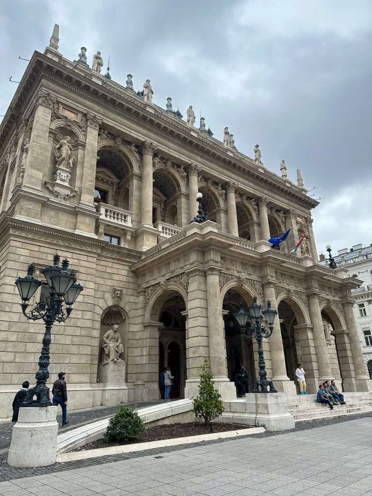 An external view of the stone building in Budapest that is home to the Budapest State Opera.