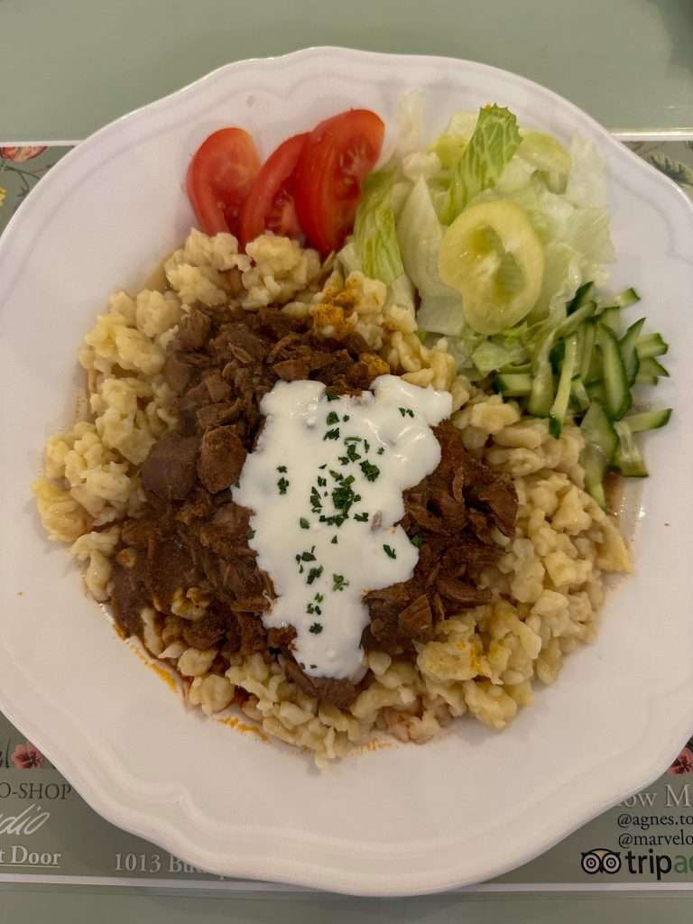 A meal of Hungarian goulash along with some salad vegetables and pasta sits on a white plate. 