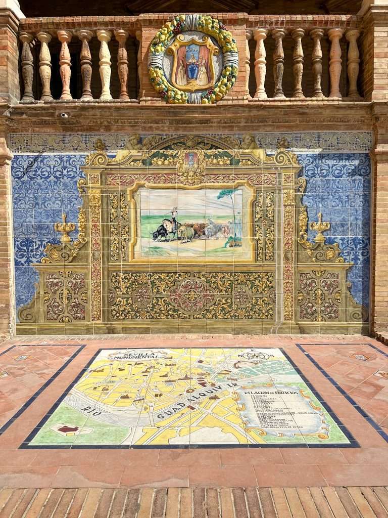 Image shows part of the tiling at the Plaza de España. A visit here is one of the best things to do in Seville 