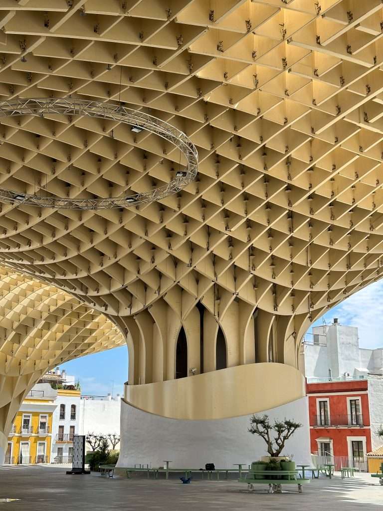 Image shows part of the mushroom of Seville, a wooden structure with viewing gallery. Visiting here is one of the best things to do in Seville 