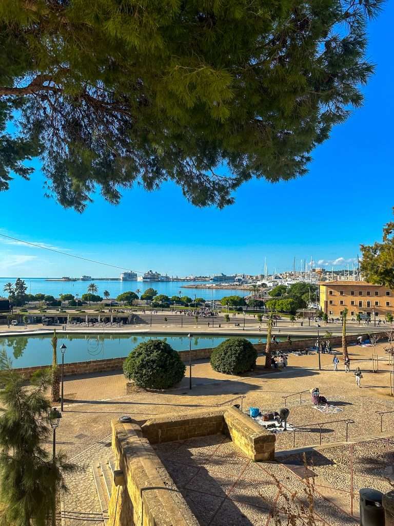 The view from the Cathedral in Palma looking out over the city walls and Parc toward the bay.