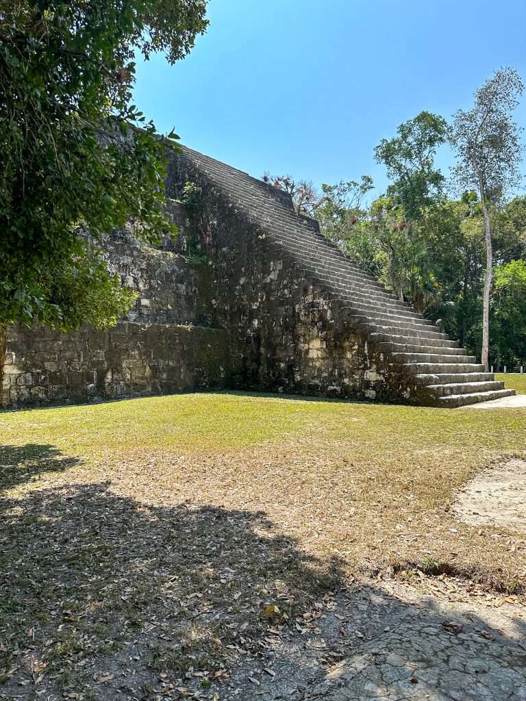 Image shows a side view of the East Pyramid at Complex Q in the Mayan ruins of Tikal 
