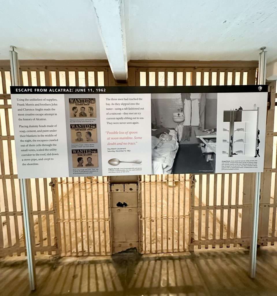 A signboard in the cellhouse on Alcatraz provides details of a 1962 escape from the Alcatraz 