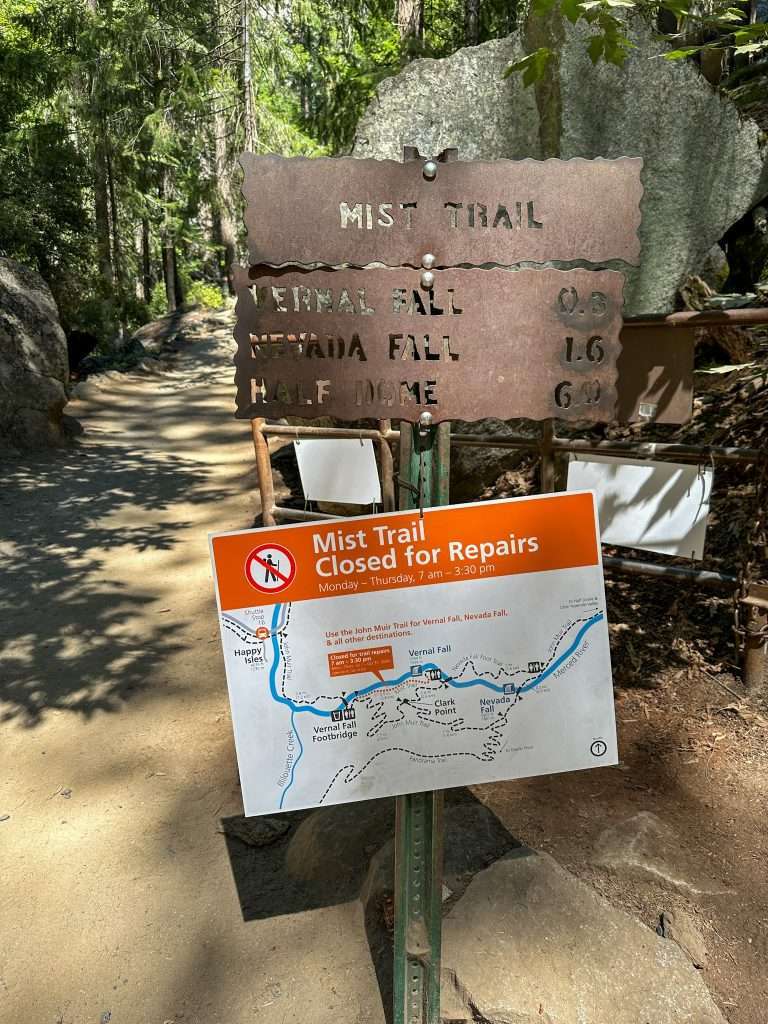 Image shows the signboard at the official start of the Mist Trail to Vernal Fall.