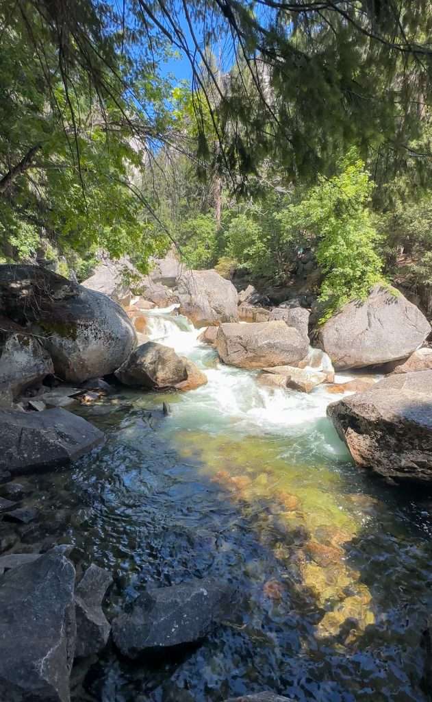 Image shows a view of the Merced River seen from Vernal Fall Footbridge