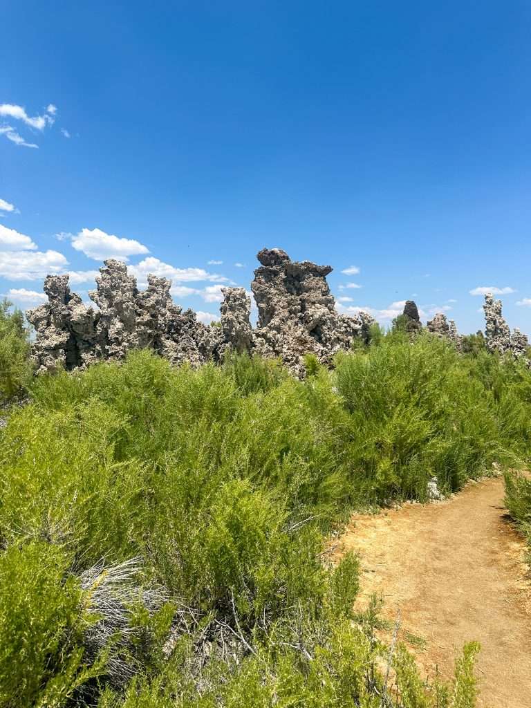 Image shows the pathway and some of the tufa towers seen on the Mono Lake South Tufa Trail, a perfect trail for those who are first timers hiking in California.