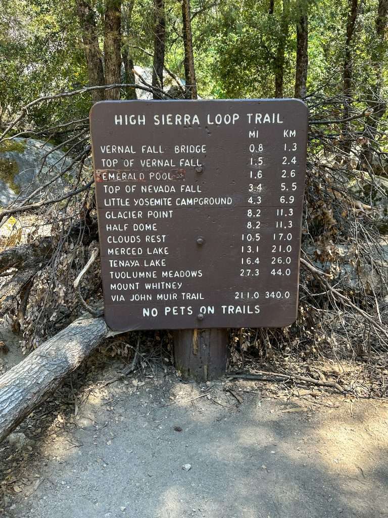A brown coloured sign board with white writing details the distances to various points within Yosemite National Park.