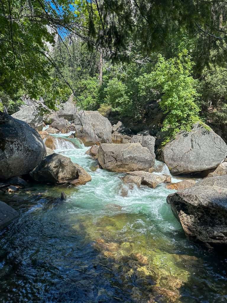 A view of a small part of the Merced River with the river rushing over boulders an surrounded by green vegetation.