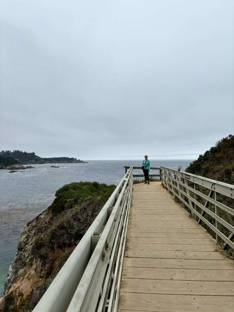 Image shows the author of this blog post at the end of a wooden portion of the Bird Island trail looking out over the ocean.