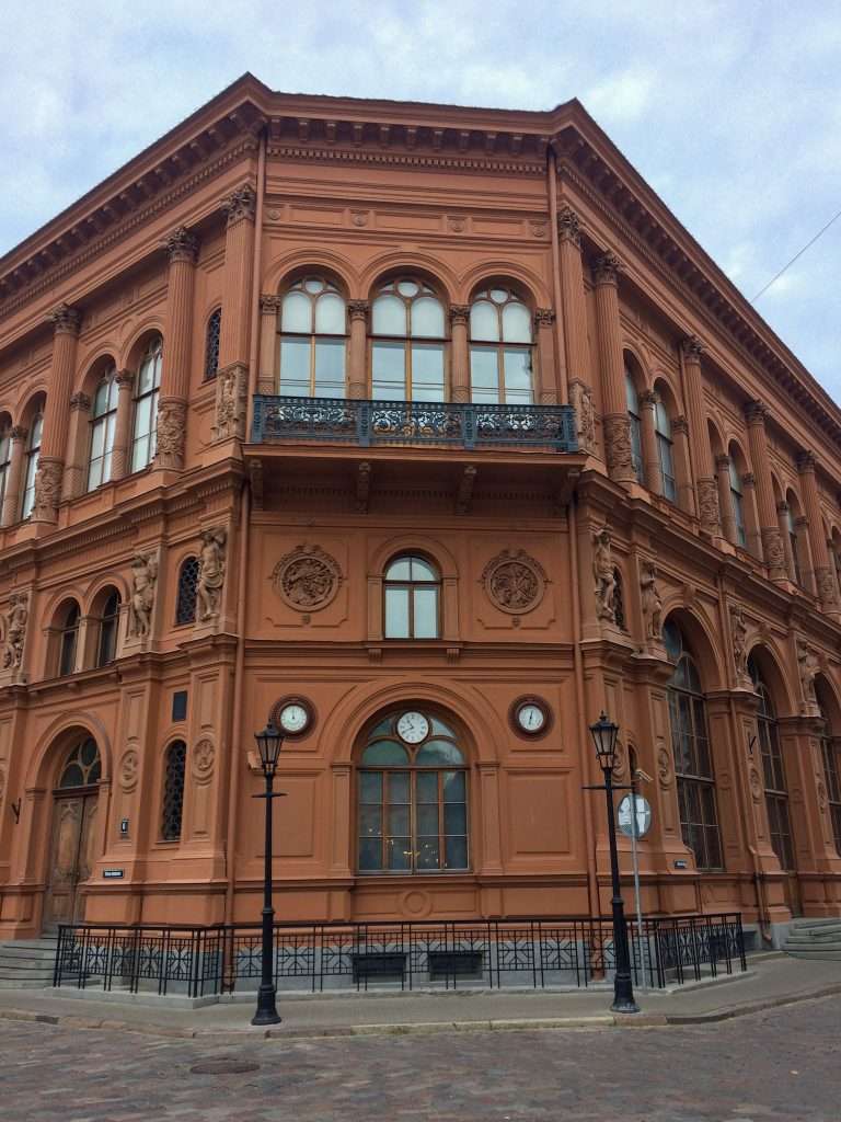 Image shows the Riga Bourse, an historic building located in the city's main square.