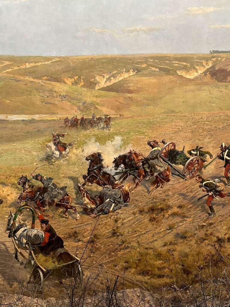 Image shows a view of one of the scenes contained within the Panorama Racławicka in Wroclaw. A visit to see this unusual cycloramic painting is one of the alternative things to do when visiting Wroclaw.