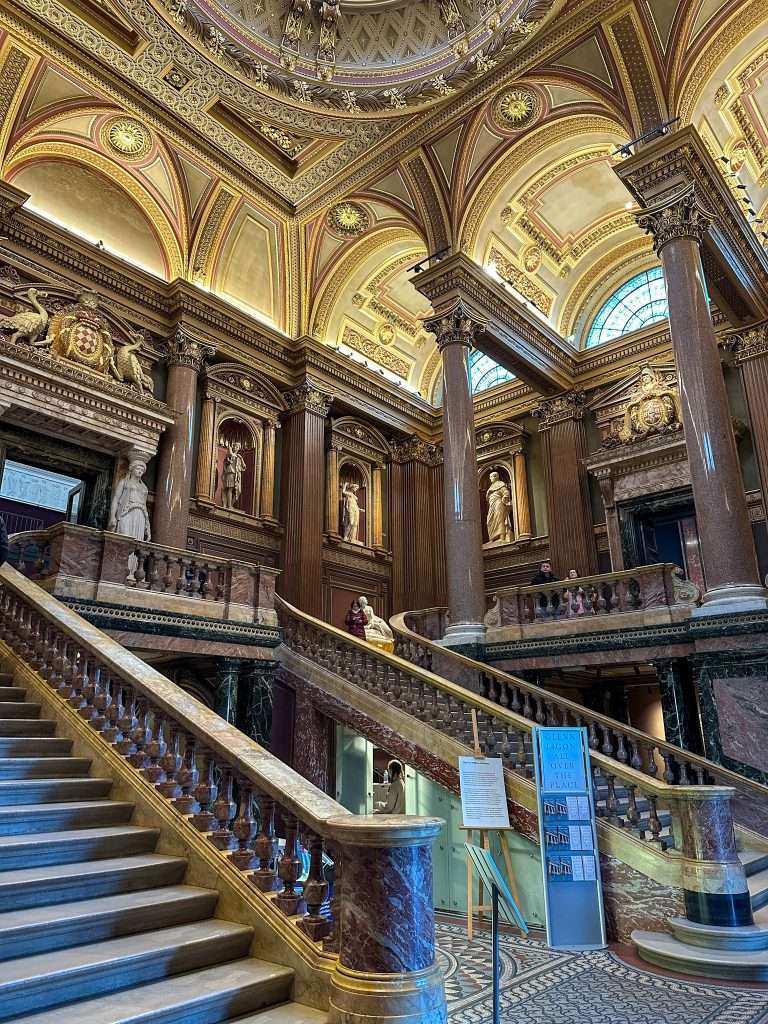 View of the marble staircase and colonnades inside the Fitzwilliam Museum in Cambridge England