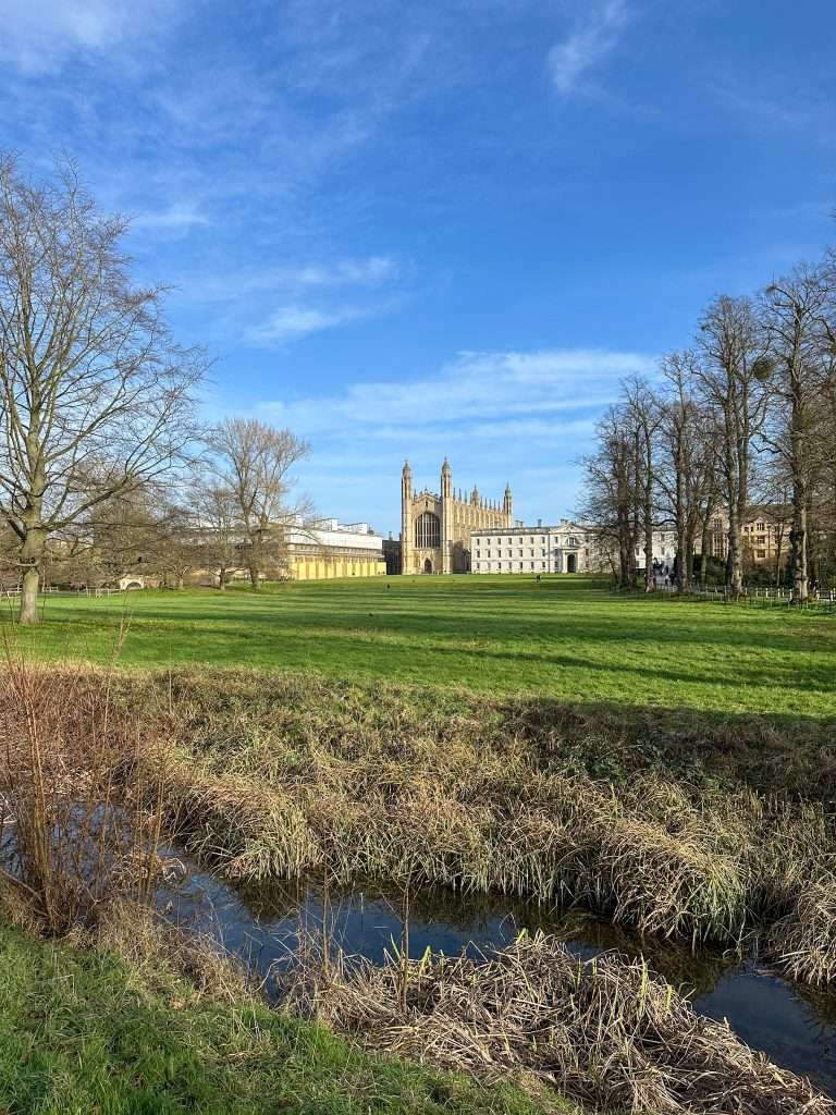 View of Kings College Chapel taken from The Backs, the landscaped, open green space located alongside the River Cam and behind various colleges in Cambridge England